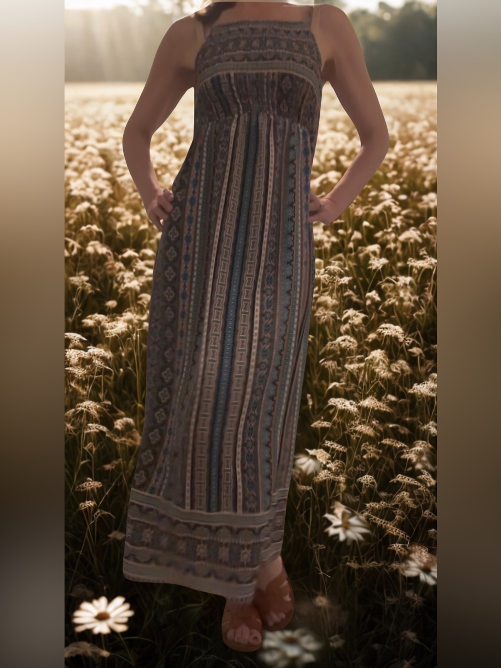 Smocked Strapless Maxi Dress in Muted Multi-Stripe